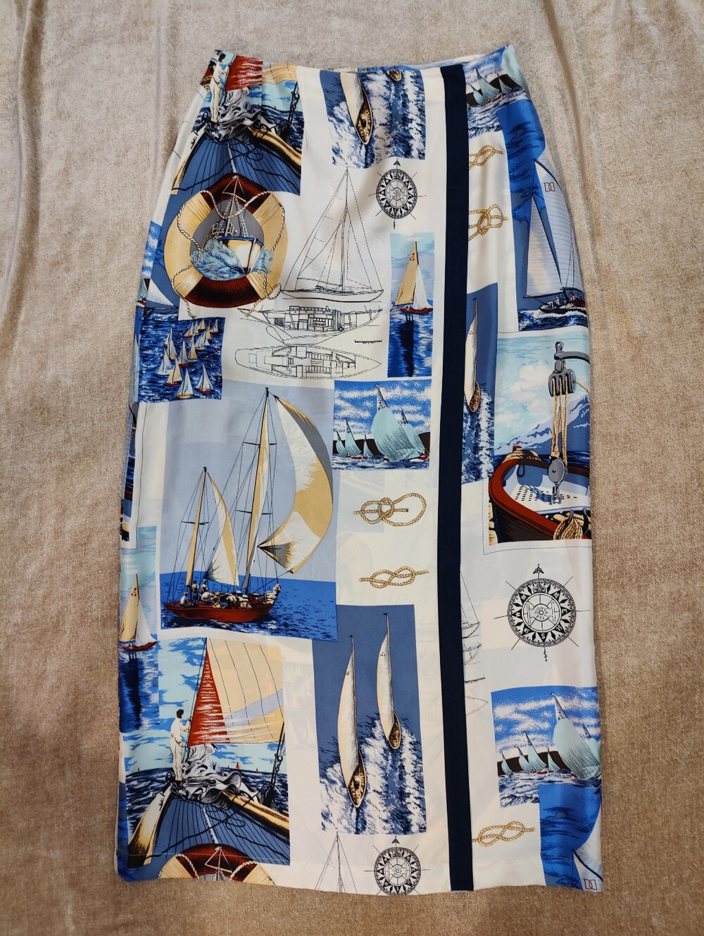 90s Sail Boat Collage Print Silk Twill Wrap Maxi Skirt 28" Waist